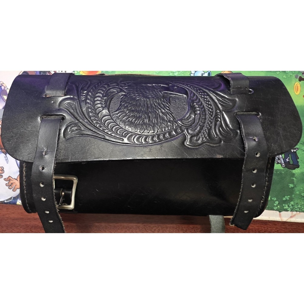 Vintage Leather Motorcycle Tool Bag Eagle Made in USA Black Handlebar Fork Pouch